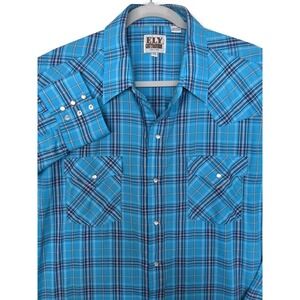 Ely Cattleman Shirt Mens XL Blue Plaid Cowboy Western Long Sleeve Pearl Snap